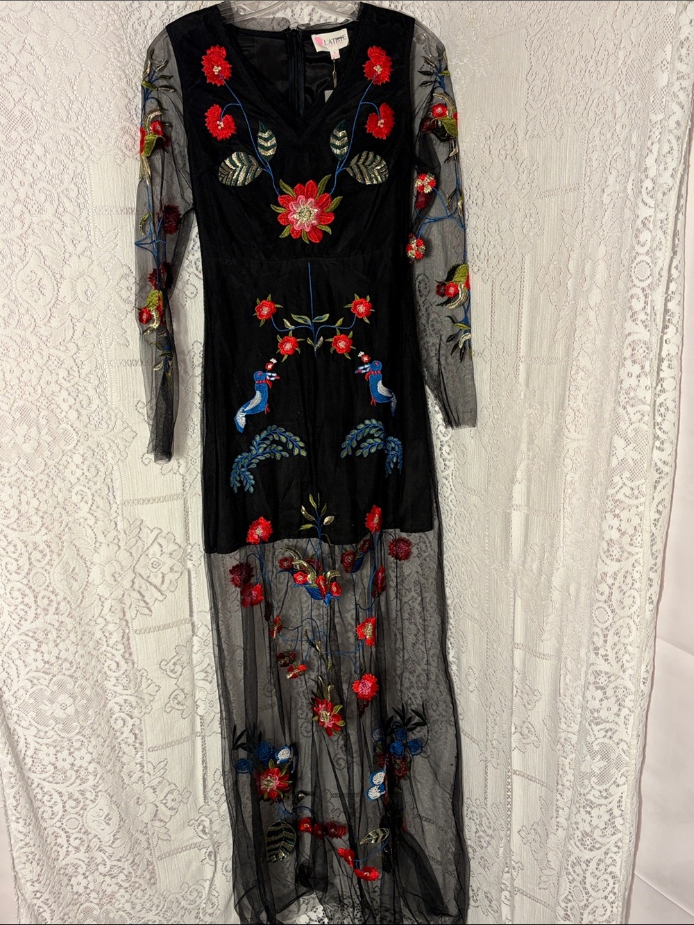 L'ATISTE Black Sheer Maxi Dress with Red & Blue Embroidery